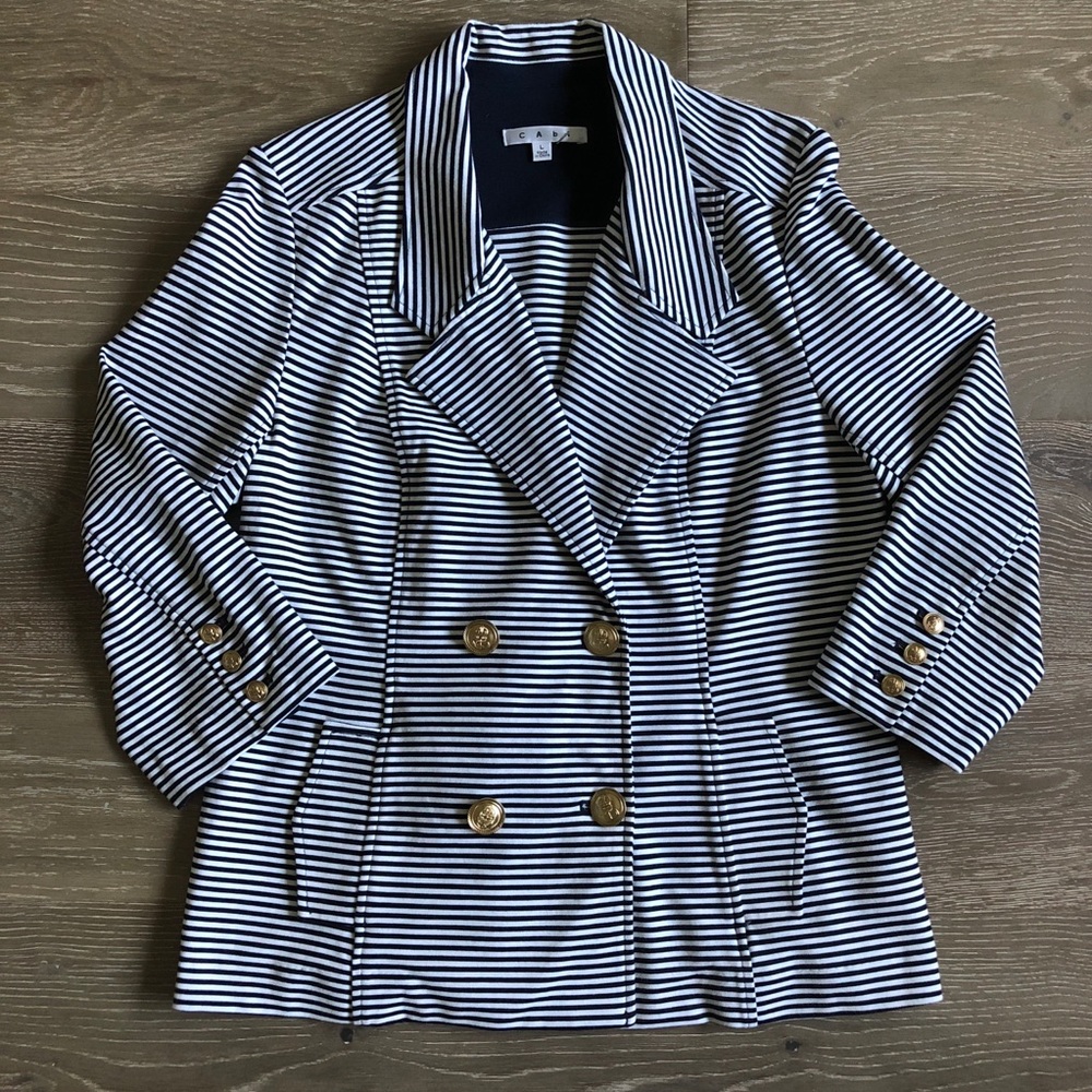 CAbi Blue & White Striped Nautical Blazer Sz L